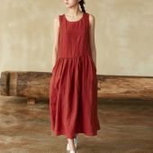 Loose Cotton Linen Sleeveless Vest Long Dress Women Summer Thin Breathable High Waist A-Line Skirt round Neck Solid Color