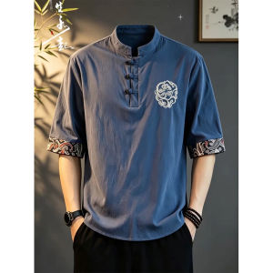 Áo Thun Tay Ngắn Tangzhao Phong Cách Trung Quốc Thêu Hoa Văn Vải Linen