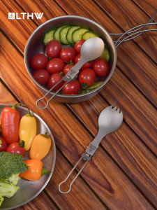 Portable Folding Pure Titanium Spoon LTHW Travel Camping Picnic Titanium Alloy Cutlery Outdoor Dining Fork Spoon Set
