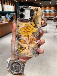 Full Cover Lens Film Stand Popular Phone Case for Apple Series iPhone 16 pro Max 15 pro 14 pro 13 pro Yellow Rose New Model Protection Cover