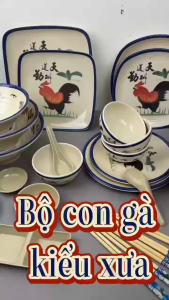 (LOẠI DÀY) Bộ Tô Chén Đĩa Nhựa Melamine Gà Trống – Họa Tiết Xưa Chống Vỡ Bền Đẹp Quán & Gia Đình