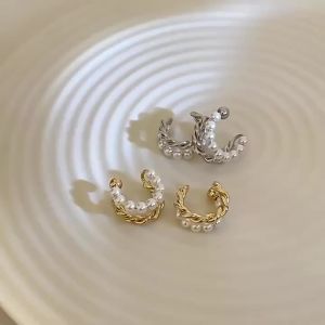 New Korean Gold Color Double Circle Twist Pearl Ear Cuff Vintage Geometric Circle Earcuff Fake Piercing Pearls Clip on Earings