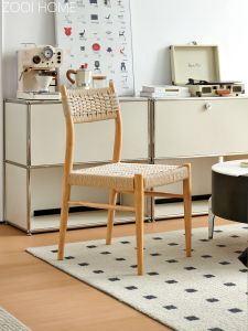 ZOOI HOME Nordic Style Real Wood Rope Braided Dining Chair Adjustable Height No Armrests Max Load 250kg for Home Use