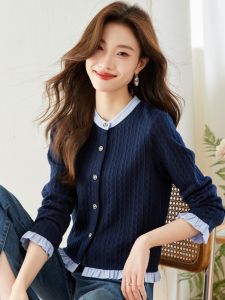 Color Block Knitted Short Top Womens Spring Fashion 2024 Cardigan Style Outerwear Korean Style Loose Fit Long Sleeve