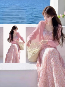 NUMEN BUTTON | French Elegant Waist Slimming Floral Dress Set Summer