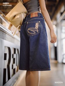 กางเกงยีนส์ขาบานทรงสลิมฟิต Maden Summer Vintage Deep Blue Denim กางเกงยีนส์ขาสั้นทรงสลิมฟิตสำหรับผู้หญิง