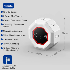 Digital Flip Timer Gravity Sensor Count Up/Down 3-Level Volume Rechargeable Magnetic Kitchen Timer for Home School Study Office