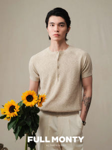 Henley Collar Long Placket Linen Texture Mens T-Shirt
