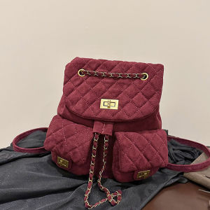 Fashionable Denim Small Backpack Womens Casual Travel Bag Diamond Pattern Lock Buckle Closure Double Shoulder Ladies Bag