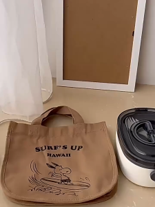 SEA YADOU  กระเป๋าใส่กล่องอาหาร กระเป๋าถือผ้าใบพิมพ์ลายการ์ตูนลูกสุนัข กระเป๋าคุณแม่แฟชั่นพกพาขนาดเล็ก กระเป๋าโท้ทความจุขนาดใหญ่ กระเป๋าเบนโตะ