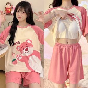 Pure Cotton Sleepwear Womens Summer Short Sleeve Cute Two-Piece Set Can Be Worn outside Home Clothes with Chest Pad