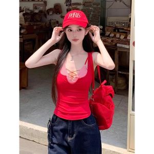 chaqi | เสื้อกั๊กสายเดี่ยวสีแดงลายสก็อตคอวีเซ็กซี่สำหรับผู้หญิงในช่วงฤดูร้อน เสื้อสั้นแขนกุดคอวีสีบล็อกสำหรับผู้หญิง