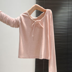 Pink Lace Long Sleeve T-Shirt Women Early Autumn Butterfly Knot Pure Desire Slimming Super Beautiful Base Shirt Top