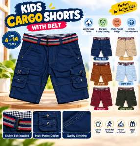 Kids Cargo Shorts with Belt for Boys | Multi-Pocket Cotton Twill Shorts | Casual Outdoor Wear | Sizes 4–14 Years (RANDOM BRAND ONLY)