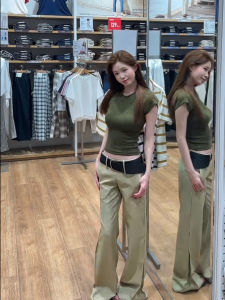 Áo Thun Nữ Tay Ngắn Dáng Ôm Màu Xanh Quân Đội Phong Cách Hàn Quốc Mùa Hè Đa Năng Thường Ngày Thanh Lịch