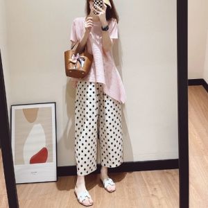 High Waist Polka Dot Wide Leg Pants Womens Summer Lightweight Breathable Casual Trousers Cotton Blend Casual Fashion