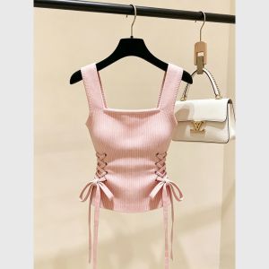 New Style Youthful Pink Knitted Vest Slimming Tie Waist Blouse