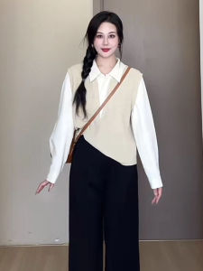 Fashionable Knitted Apparels plus Size Womens Long Sleeve Shirt Design Sense Patchwork Slimming Concealing Polo Neck Top