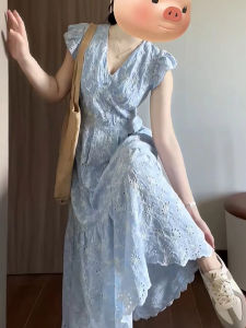 Beach Vacation Style Womens Dress Orange Dandelion Small Flying Sleeve Waist Cinching White Blue Tea Break Skirt Maxi Dress