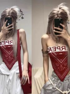 Áo Ba Lỗ Màu Đỏ Ngắn Phong Cách Y2K Áo Ba Lỗ Dây Chuyền Cổ Trang Phục Đi Làm Mùa Hè 2025 Áo Ba Lỗ in Chữ Thời Trang