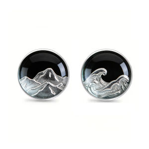 Minimalist Black Mountain & Wave Asymmetric Stud Earrings For Women Stainless Steel Glass Earrings Jewelry Gifts