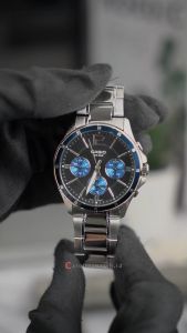Jam Tangan Pria Casio Chronograph MTP-1374D-2A Blue Bezel  Black Dial Silver Stainless Steel Band