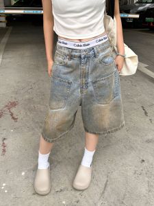 American Retro Washed High Street Mens Denim Shorts Summer Straight Leg Wide Leg Loose Casual Versatile Seven-Foot Pants