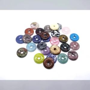 30mm Natural Round Big Hole Hollow Stone Healing Crystal Fluorite Amazonite Donut Shape Charm Pendant For Jewelry Making Necklac