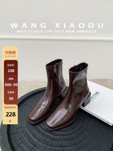 Wang Xiaodux Short Boots Womens Thick Heel Square Head Fashion Boots PU Leather Black Slim Fit Winter Ankle Boots