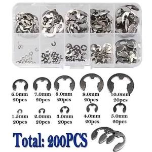 200Pcs Snap Ring Type E Stainless Steel / Retaining Circlip Kit O Ring Spacer Set