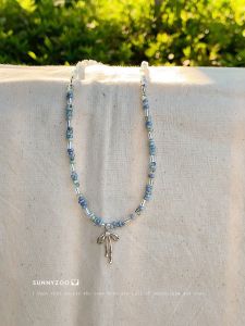 Blueberry Gourmet Blue Bead Butterfly Knot Necklace Elegant Atmosphere Clavicle Chain Fashion Jewelry for Women Korean Style