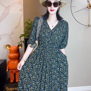 ชุดเดรสผ้าไหมฝ้ายลายดอกไม้ฤดูร้อน กระโปรงยาวปานกลาง ไซส์ใหญ่ กระโปรงทรงเอ ผ้าฝ้ายหลวมๆ สำหรับใส่ไปชายหาด