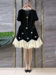 plus Size Womens Lace Hem Short Sleeve round Neck Dress Summer Slimming Design A-Line Korean Style Solid Color Commuter Dress