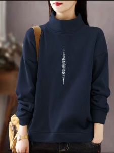 เสื้อสเวตเตอร์คอปกสั้นพิมพ์ลายผ้าฝ้ายทรงหลวมแขนยาวสำหรับผู้หญิงไซส์ใหญ่ ฤดูใบไม้ร่วง/ฤดูหนาว เสื้อตัวบนแบบลำลอง