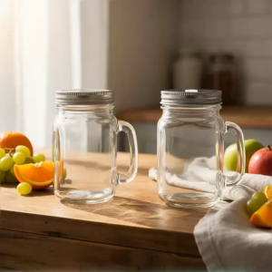 Set 2 Ly Thuỷ Tinh Có Quai Mason Jar 450Ml Nắp Vặn Kín Kèm Ống Hút Thuỷ Tinh – Đựng Trà Sữa Detox Nước Ép