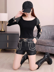 Womens Cotton Leather Shorts Set Korean Style Heavy Duty Rivets PU Leather Short Pants Breathable Comfortable Fashionable