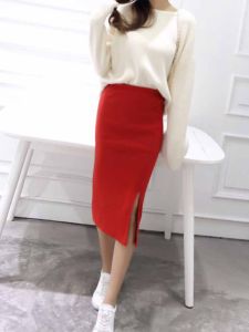 Fashionable Slit Midi Skirt Ribbed Cotton Elastic Slimming Base Layer Skirt Versatile Bodycon Skirt Elegant OL Long Skirt
