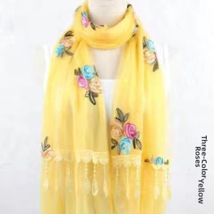 Double Layer Embroidered Scarf Long Lightweight Summer Spring Sun Protection Silk Scarf Womens Beach Scarf Lace Plant Floral