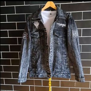 Jaket Jeans Denim Pria Bordir Emblem - SANDWASH HITAM MOTORHEAD