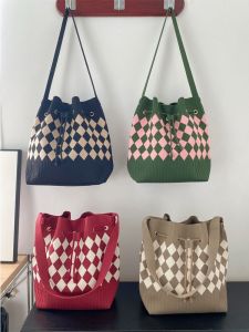 Autumn Winter Knitted Bucket Bag Handmade Fashion Color Block Shoulder Crossbody Bag for Women Soft Polyester Lining