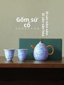 GUYUETANG | Bộ Ấm Trà Sứ Bạch Lan Handmade Xanh Và Trắng