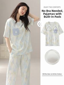 Miiow | Pure Cotton Womens Sleepwear Set With Chest Pad Short Sleeve Seven-Piece Pants Summer New Plus Size Home Clothes Ensemble