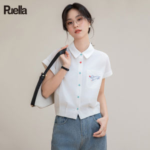 puella | Fashionable Short Sleeve Shirt with Embroidery and Colorful Buttons Slimming Polo Collar