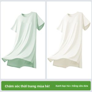 MiiOW | Váy T-shirt dài vừa phải cho nữ mùa hè thường ngày có đệm ngực tay ngắn váy ngủ cổ tròn thoải mái mặc ở nhà