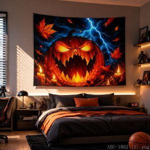 VIKAMA Halloween Bí Ngô & Mèo Đen Lightning Tapestry Tường Treo Trang Trí Ma Quái Cho Phòng Ngủ Trang Trí Tiệc Thẩm Mỹ Sợi Polyester