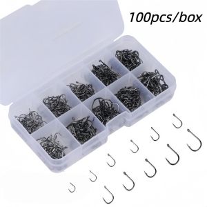 100pcs of 3-12 # Carbon Steel Single Circle Fishing Hook Set Flying Hook with Thorns Carp Fishing Hook Sea Gear Accessories