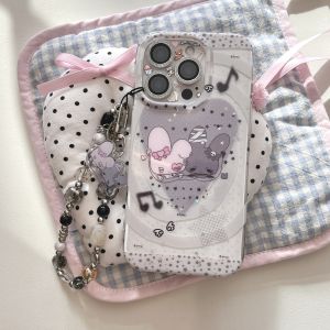 Gray Heart Twin Rabbit Charm Bracelet Pendant Cute Dark Girl Style Double Layer Sparkling Powder iPhone 15 pro Max Compatible Shockproof Case for Apple 13