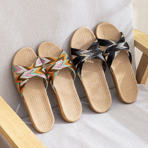 รองเท้าแตะผ้าลินินฤดูร้อนสำหรับผู้ชายและผู้หญิงในบ้าน กันลื่น พื้นหนา ระบายอากาศได้ดี รองเท้าแตะผ้าฝ้ายป้องกันกลิ่น รองเท้าแตะแบบสวมสบายสำหรับฤดูใบไม้ผลิและฤดูใบไม้ร่วง