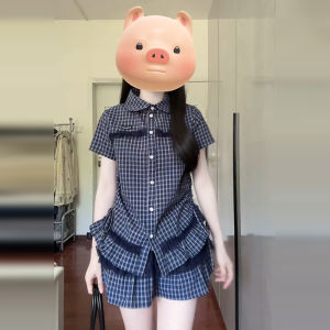 LIRENQING | Retro Blue Checkered Short Sleeve Shirt and Skirt Set