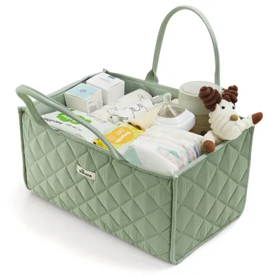 Sunveno Quilted Baby Diaper Caddy Organizer with Detachable Dividers and Wipes Pocket Lightweight Nursery Storage Basket for Newborn Essentials